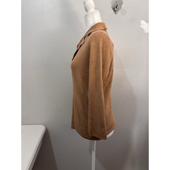 Anne Klein Collared V Neck Sweater Tan Ribbed Gold Button Size Large - Picture 4 of 10